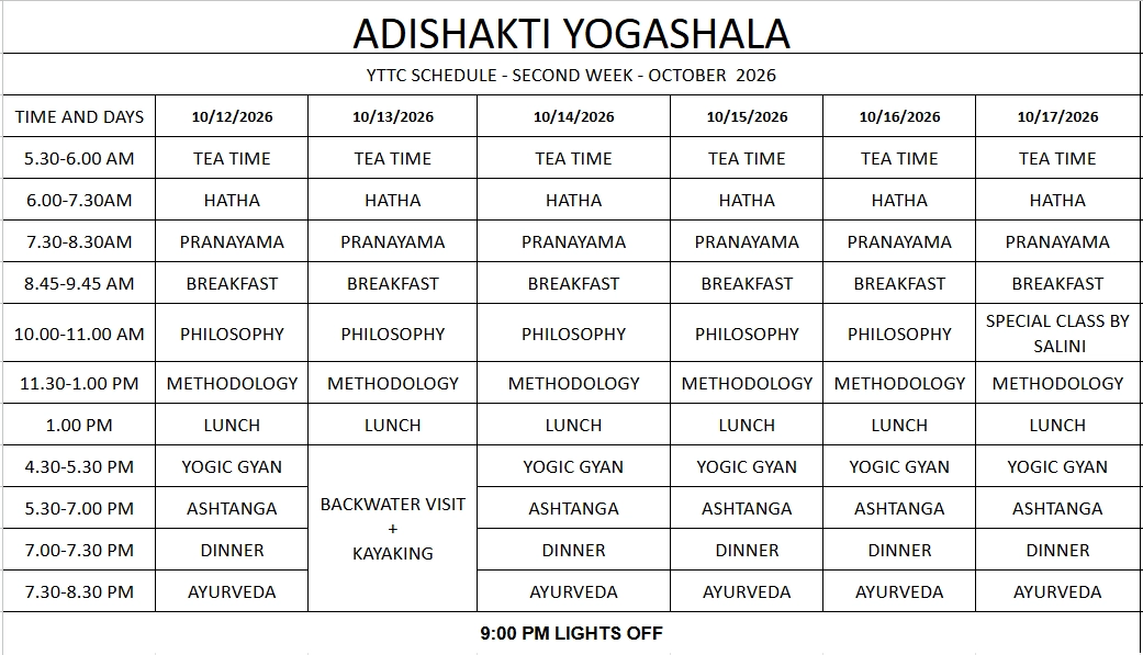 Adishakti Yogashala 200 YTTC Daily Schedule 